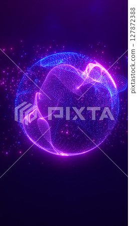 A glowing digital sphere made of neon pink and blue particles, suspended in deep space with radiant data points orbiting its form 127872388