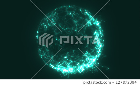 Teal glowing energy sphere made of swirling neon lines and particles on a deep green backdrop Teal glowing energy sphere made of swirling neon lines and particles on a deep green backdrop 127872394