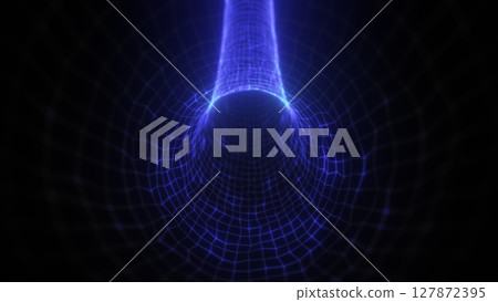 Bright glowing blue electric tunnel with dynamic wireframe lines and neon energy pulses, simulating a high-speed data flow Bright glowing blue electric tunnel with dynamic wireframe lines and neon energy pulses, simulating a high-speed data flow 127872395