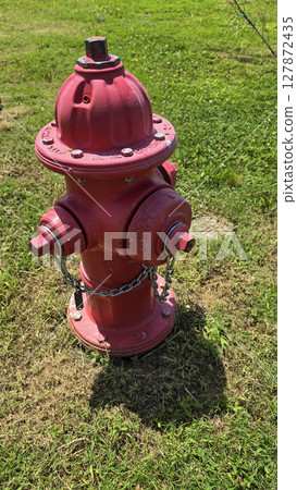 Bright red fire hydrant surrounded by green grass under a sunny sky, showcasing a vital emergency utility for firefighting infrastructure 127872435