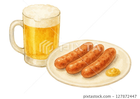 Beer and sausage toast set (watercolor illustration) 127872447