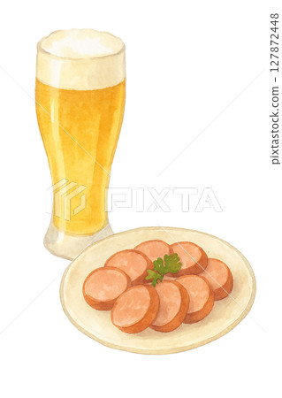 Beer and sausage slice snack set (watercolor illustration) 127872448