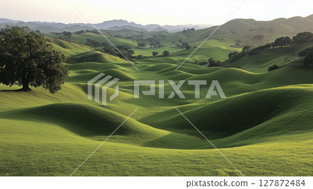Serene green rolling hills landscape with solitary oak tree. Beautiful summer background for nature and hiking themed design 127872484