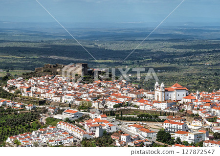 Panorama of Castelo de Vide rooftops seen from an outside viewpoint. Castelo de Vide in Alto Alentejo, Portugal. 127872547