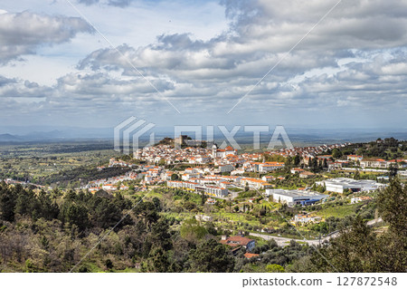 Panorama of Castelo de Vide rooftops seen from an outside viewpoint. Castelo de Vide in Alto Alentejo, Portugal. 127872548