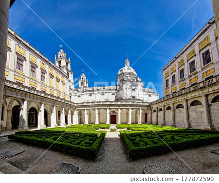 Courtyard of the Mafra National Palace, Convent and Basilica. Baroque architecture at Mafra in Portugal. Courtyard of the Mafra National Palace, Convent and Basilica. Baroque architecture at Mafra in Portugal. 127872590