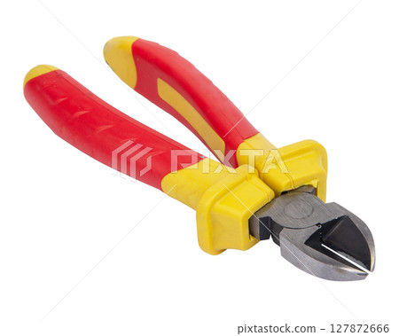 Hand tool. Wire cutters with dielectric handles isolated on white background 127872666