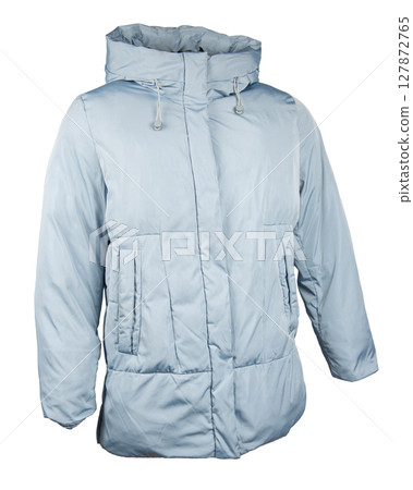 Blue winter coat isolated on white. Teen and adult fashion. Blue winter coat isolated on white. Teen and adult fashion. 127872765