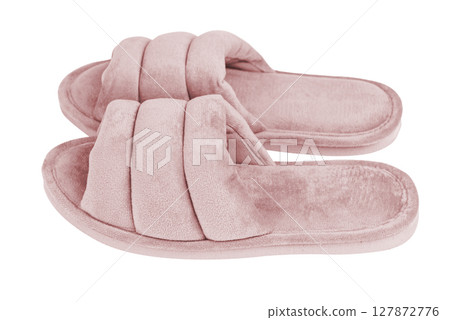 Pair of soft slippers on white background Pair of soft slippers on white background 127872776