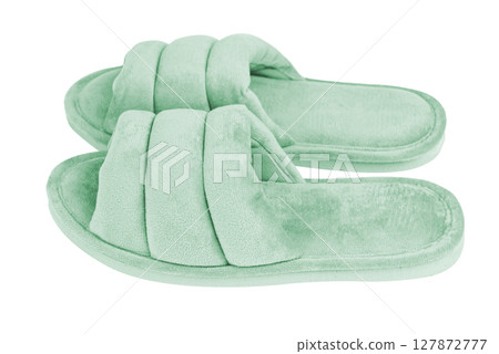 Pair of soft slippers on white background Pair of soft slippers on white background 127872777