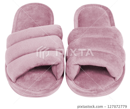 Pair of soft slippers on white background Pair of soft slippers on white background 127872779