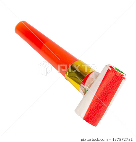 Party festive horn noisemaker blower rolled isolated on the white background cut out clipping path Party festive horn noisemaker blower rolled isolated on the white background cut out clipping path 127872781