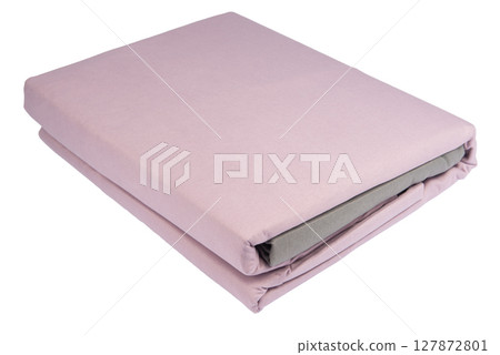 Linens set. Bedding set isolated on white. Set with stacks of clean bed linen on white background. Linens set. Bedding set isolated on white. Set with stacks of clean bed linen on white background. 127872801