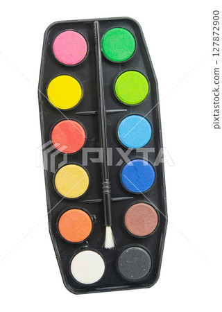 Watercolor pallet with brush isolated on white background. 127872900