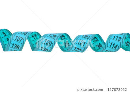 Diet rubber tape measure for sewing cloth or fabric isolated on the white Diet rubber tape measure for sewing cloth or fabric isolated on the white 127872932