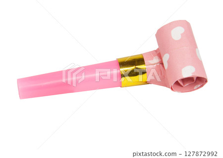 Rolled festive noisemaker or party whistle horn isolated on the white background Rolled festive noisemaker or party whistle horn isolated on the white background 127872992