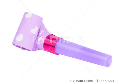 Rolled festive noisemaker or party whistle horn isolated on the white background 127872995