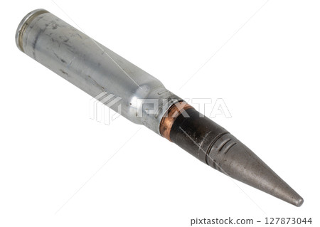 30 mm armor piecing round for automatic canon from infantry fighting vehicle BMP-2 used by the former Soviet Union. Isolated on white. 127873044