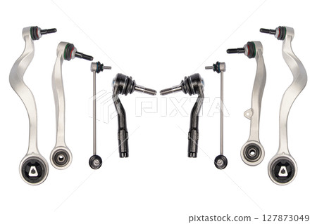 Front stabilizer isolated on white background. New car spare parts. Stabilizer link isolated. Rod connecting link. New car stabilizer links. Quality spare parts for car service or maintenance Front stabilizer isolated on white background. New car spare parts. Stabilizer link isolated. Rod connecting link. New car stabilizer links. Quality spare parts for car service or maintenance 127873049