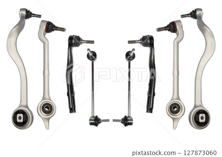 Front stabilizer isolated on white background. New car spare parts. Stabilizer link isolated. Rod connecting link. New car stabilizer links. Quality spare parts for car service or maintenance Front stabilizer isolated on white background. New car spare parts. Stabilizer link isolated. Rod connecting link. New car stabilizer links. Quality spare parts for car service or maintenance 127873060