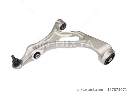 Independent car wheel suspension arm isolated on white background. The suspension arm is a spare part of the car. Independent car wheel suspension arm isolated on white background. The suspension arm is a spare part of the car. 127873071