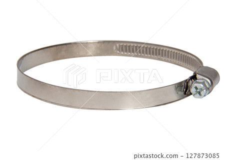 Construction steel clamp for tightening metal or plastic hose and pipes isolated on white background close up Construction steel clamp for tightening metal or plastic hose and pipes isolated on white background close up 127873085