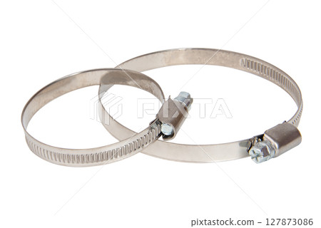 Construction steel clamp for tightening metal or plastic hose and pipes isolated on white background close up 127873086