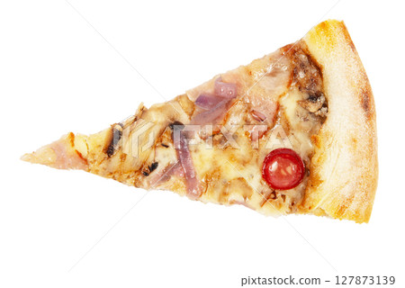 Delicious classic italian Pizza with spicy sausages, pepper, onion and cheese isolated on white background 127873139