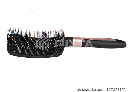 Massage comb for combing hair. Plastic brush with metal corners for detangling hair. On an isolated white background. 127873151