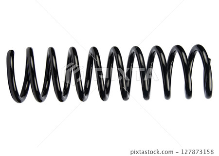 Car spare part. Large metal spring on white background. cushioning spring over white background, auto spare parts. automotive suspension springs on a white background 127873158