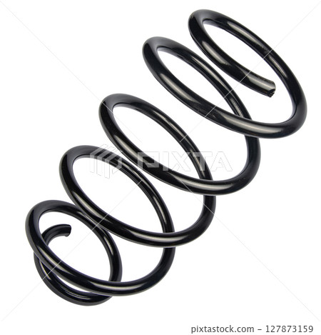 Car spare part. Large metal spring on white background. cushioning spring over white background, auto spare parts. automotive suspension springs on a white background 127873159