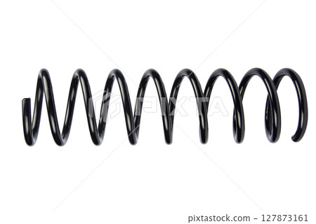 Car spare part. Large metal spring on white background. cushioning spring over white background, auto spare parts. automotive suspension springs 127873161