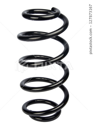 Car spare part. Large metal spring on white background. cushioning spring over white background, auto spare parts. automotive suspension springs Car spare part. Large metal spring on white background. cushioning spring over white background, auto spare parts. automotive suspension springs 127873167