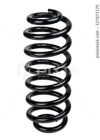 Car spare part. Large metal spring on white background. cushioning spring over white background, auto spare parts. automotive suspension springs Car spare part. Large metal spring on white background. cushioning spring over white background, auto spare parts. automotive suspension springs 127873170