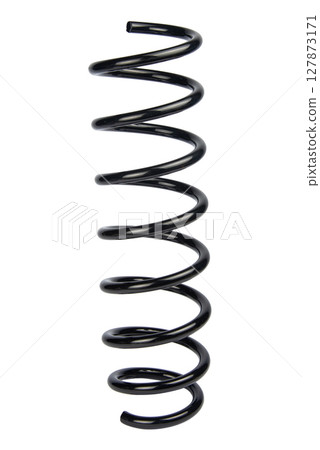 Car spare part. Large metal spring on white background. cushioning spring over white background, auto spare parts. automotive suspension springs 127873171
