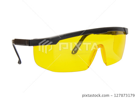 yellow safety glasses isolated on white background. 127873179