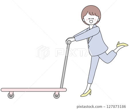 一位身著西裝的女士推著購物車跑步的插圖 一位身著西裝的女士推著購物車跑步的插圖 127873186
