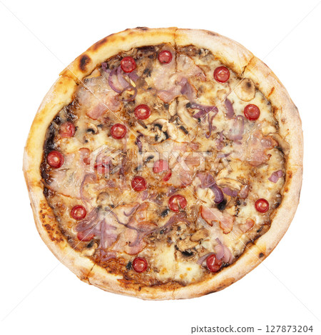 Delicious classic italian Pizza with spicy chicken, mushrooms and cheese isolated on white background Delicious classic italian Pizza with spicy chicken, mushrooms and cheese isolated on white background 127873204