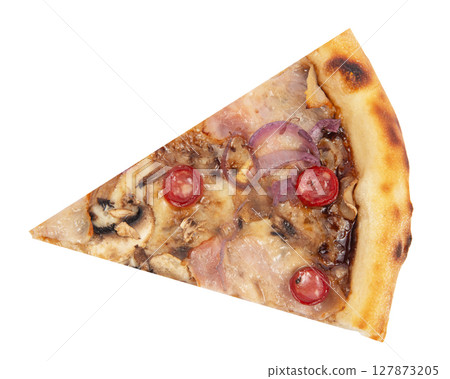 Delicious classic italian Pizza with spicy chicken, mushrooms and cheese isolated on white background Delicious classic italian Pizza with spicy chicken, mushrooms and cheese isolated on white background 127873205