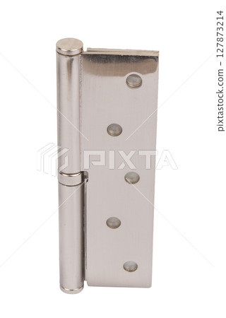 Door hinges made of metal on a white isolated background. Hinges for doors of a room, apartment, office, warehouse and other premises. Fastening for doors on the frame and on the wall. Door hinges made of metal on a white isolated background. Hinges for doors of a room, apartment, office, warehouse and other premises. Fastening for doors on the frame and on the wall. 127873214