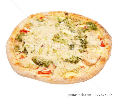 Tasty pizza with salad leaves, cheese, tomatoes. Healthy vegetables pizza. Italian pizza, isolated on white background Tasty pizza with salad leaves, cheese, tomatoes. Healthy vegetables pizza. Italian pizza, isolated on white background 127873226