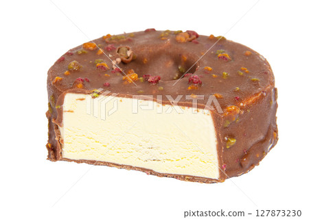 Ice cream on a stick, on a white isolated background. Ice cream covered with caramel chocolate with nuts. Ice cream on a stick, on a white isolated background. Ice cream covered with caramel chocolate with nuts. 127873230