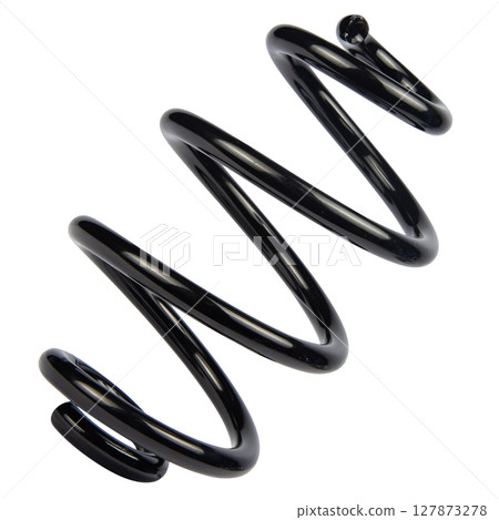 Car spare part. Large metal spring on white background. cushioning spring over white background, auto spare parts. automotive suspension springs on a white background 127873278