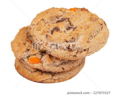 Sweet cookies with colorful candies isolated on white background. Sweet cookies with colorful candies isolated on white background. 127873327