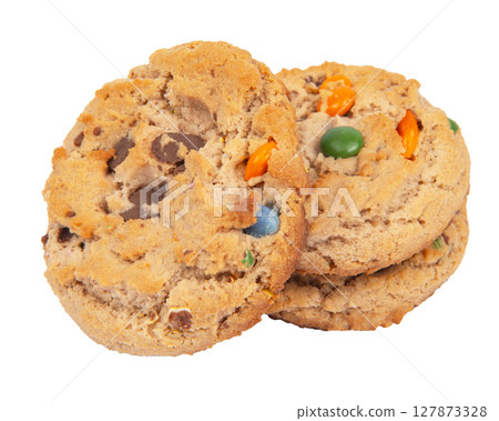 Sweet cookies with colorful candies isolated on white background. 127873328
