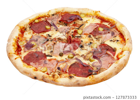 Delicious classic italian Pizza Pepperoni with sausages and cheese mozzarella. Fresh italian classic original pepperoni pizza isolated on white background. Delicious classic italian Pizza Pepperoni with sausages and cheese mozzarella. Fresh italian classic original pepperoni pizza isolated on white background. 127873333