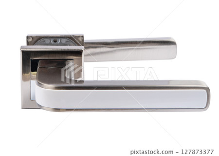 Door handle made of metal on an isolated white background. Reliable design handle for the door of houses, apartments, warehouses, offices and other premises. 127873377