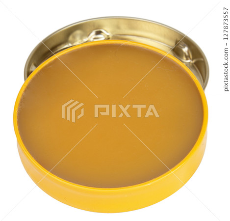 Wax polish with brush on white background. Shoe care accessories Wax polish with brush on white background. Shoe care accessories 127873557