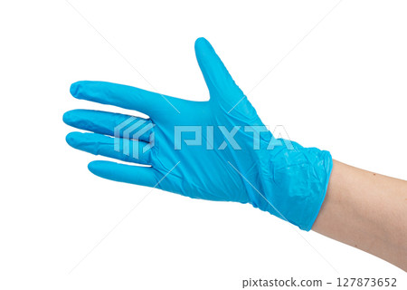 Doctor wearing blue nitrile gloves isolated on white background 127873652