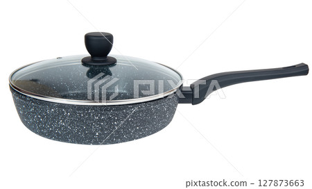 Pan with glass cover isolated on white background 127873663